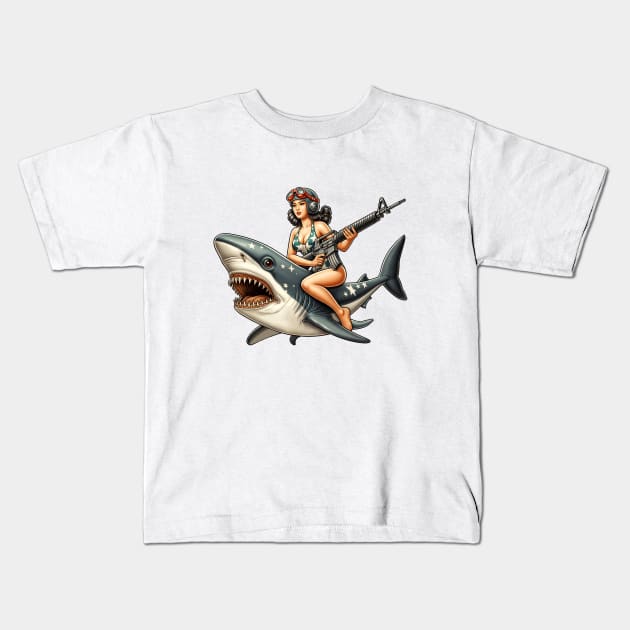 Tactical Girl and Shark Kids T-Shirt by Rawlifegraphic